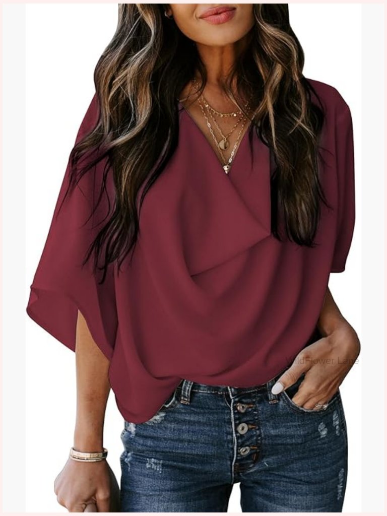3/4 Sleeve V-Neck Wrap Blouse Ruffle Peasant Top